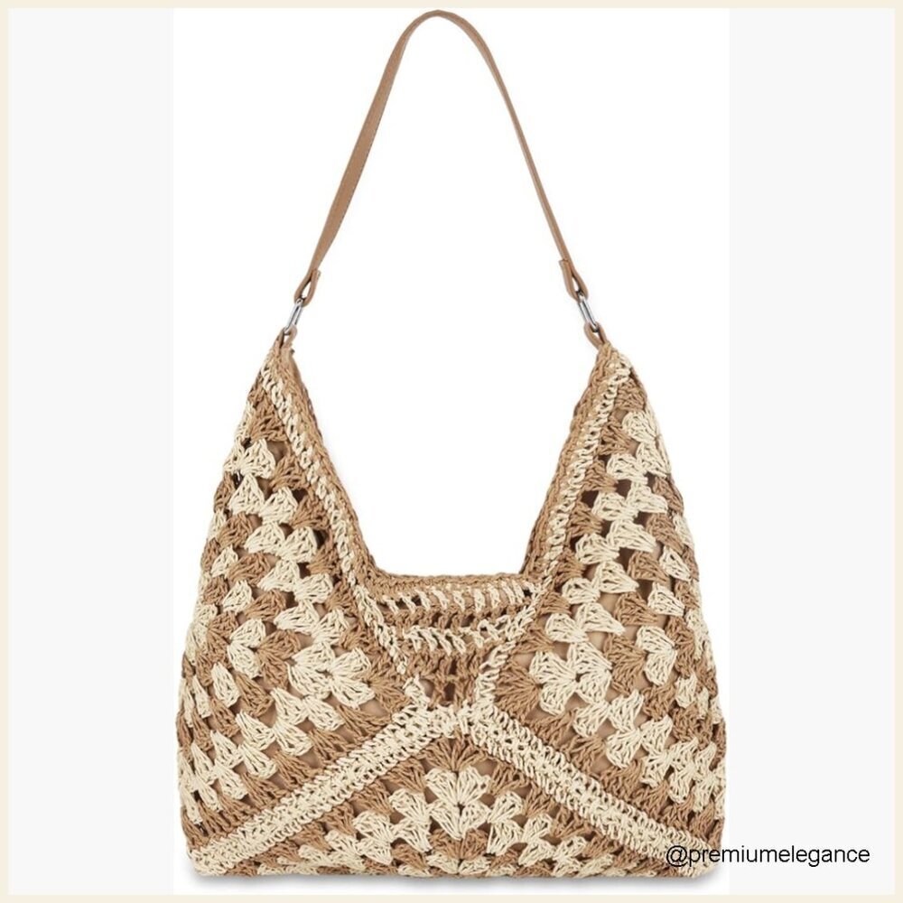 Straw Hobo Tote Bag with Adjustable Strap, Foldable Travel Handbag